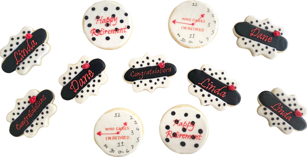 Retirement cookies in black and white polka dots with clock faces and names piped in red