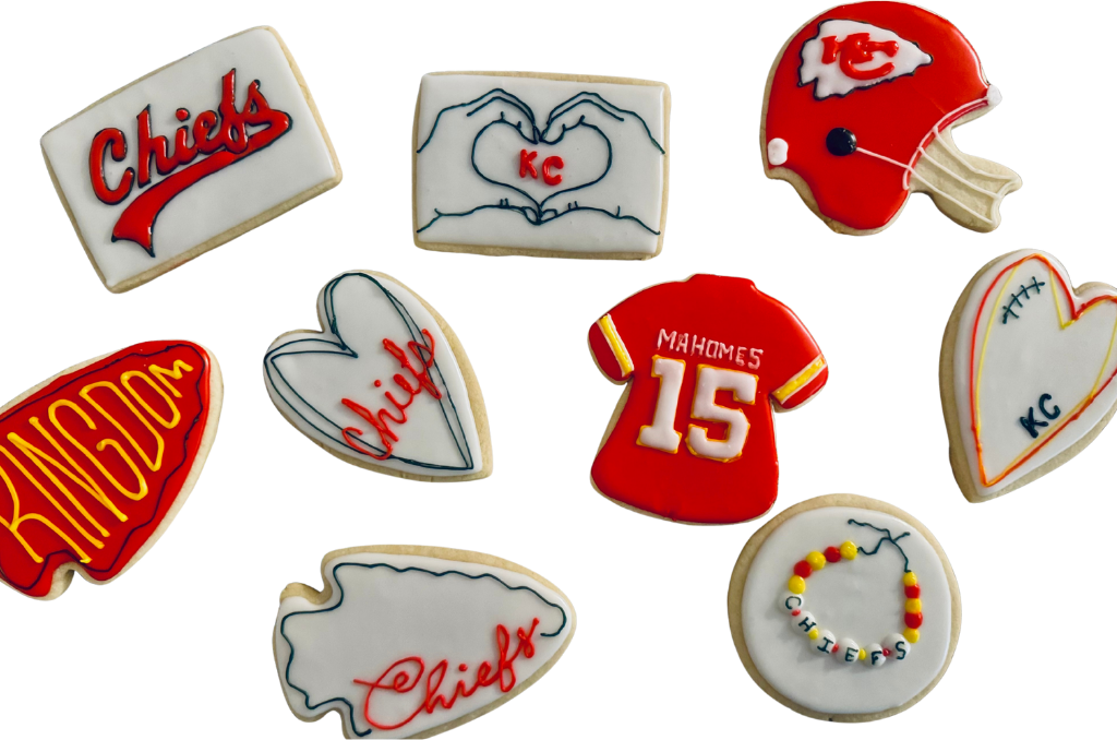 Kansas City Chiefs cookies shaped like helmets, arrowheads and a jersey